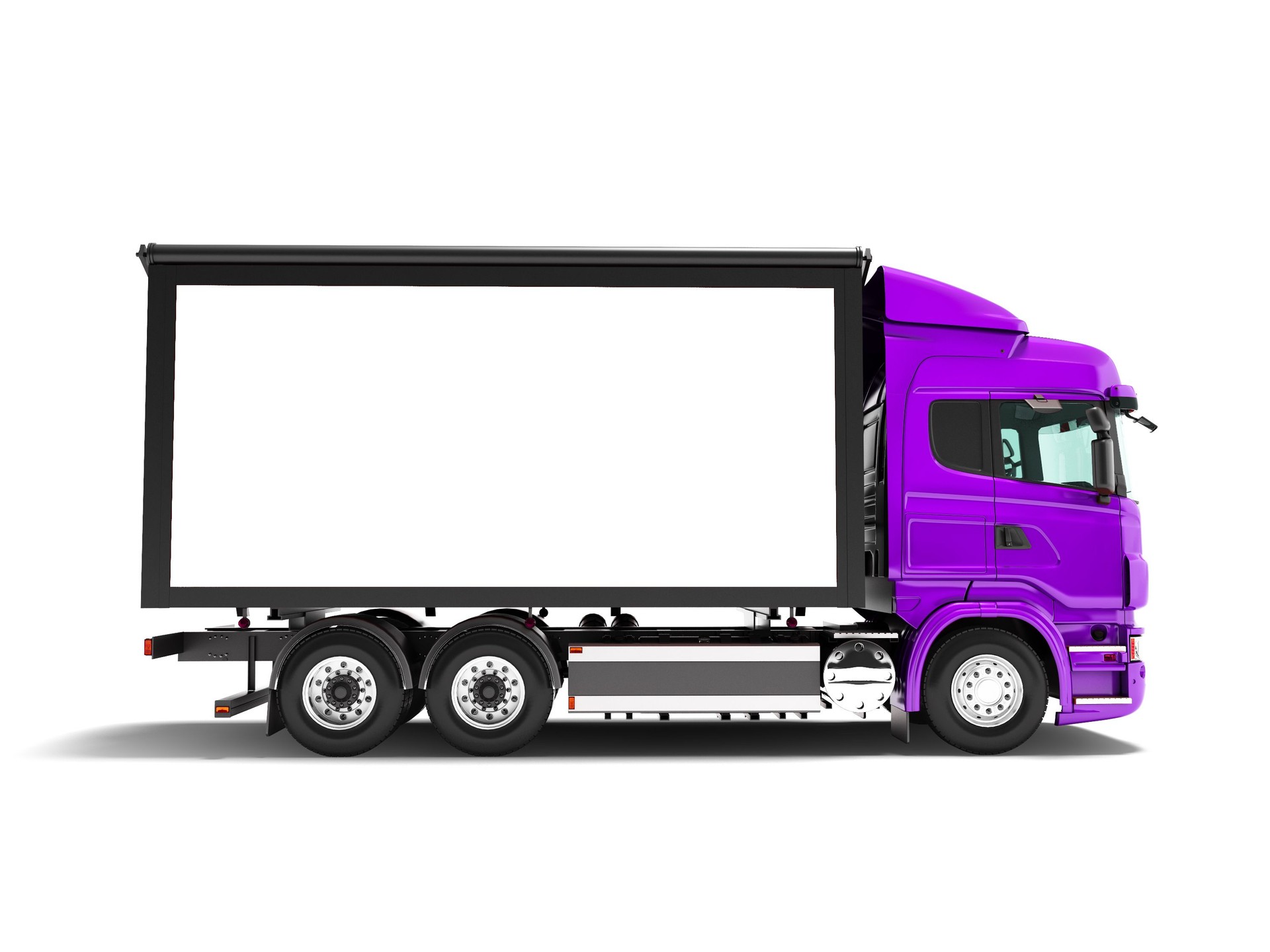 Modern purple truck with white trailer for transportation of goods from the side 3d render on white background with shadow